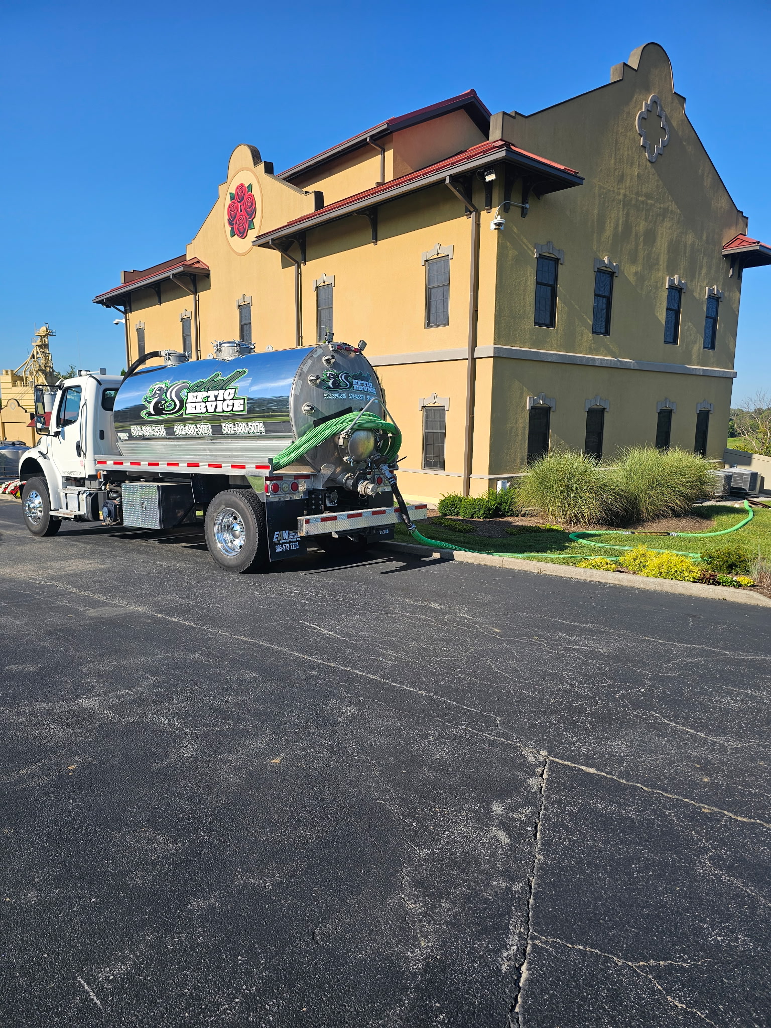 Schell Septic Service pump truck on a job site Schell Septic Service pump truck on a septic service call in Lawrenceburg, Kentucky